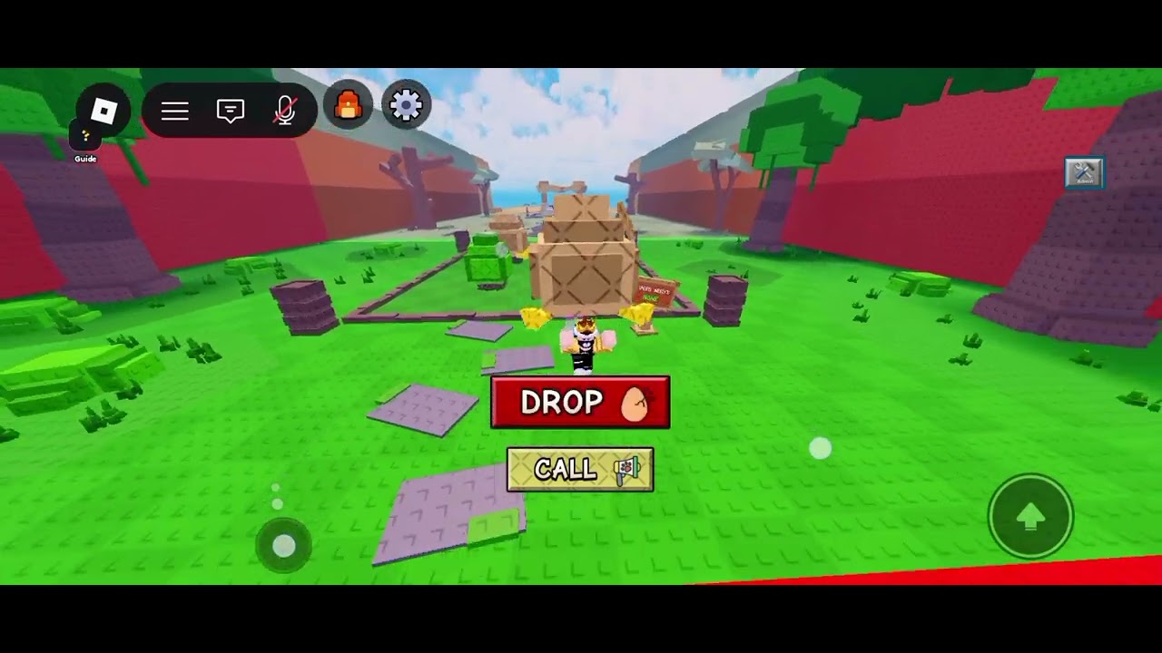 Call A Pet gameplay: a player carrying an egg stands in front of the base pads in the safe zone, with the game's DROP and CALL buttons visible on screen